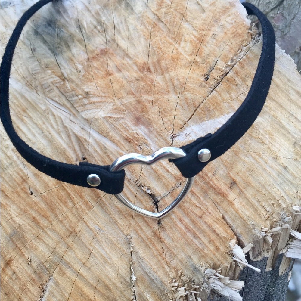 Black Necklace Choker Silver Heart Adjustable